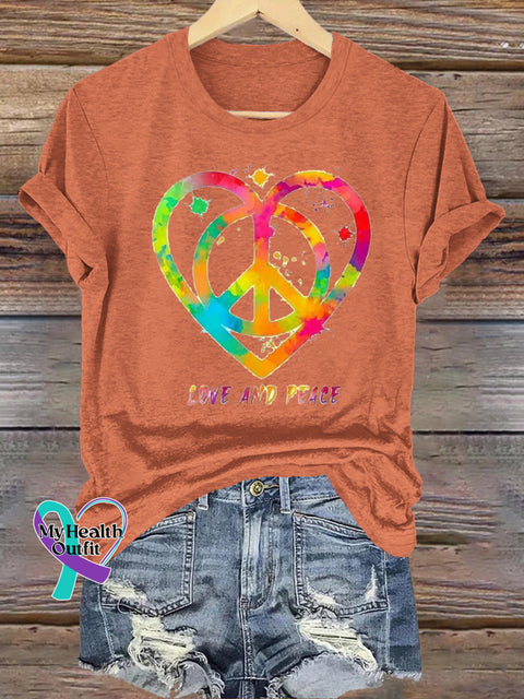 Love And Peace Rainbow Logo Print Casual Round Neck Short Sleeve T-Shirt Orange / S