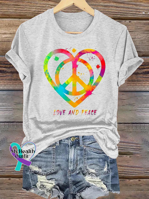 Love And Peace Rainbow Logo Print Casual Round Neck Short Sleeve T-Shirt White / S