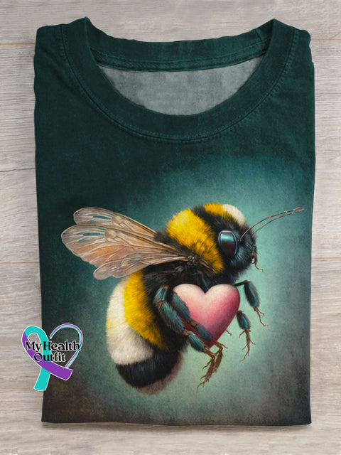 Love Bee Pattern Art Print Casual Cotton T-shirt DarkGreen / S