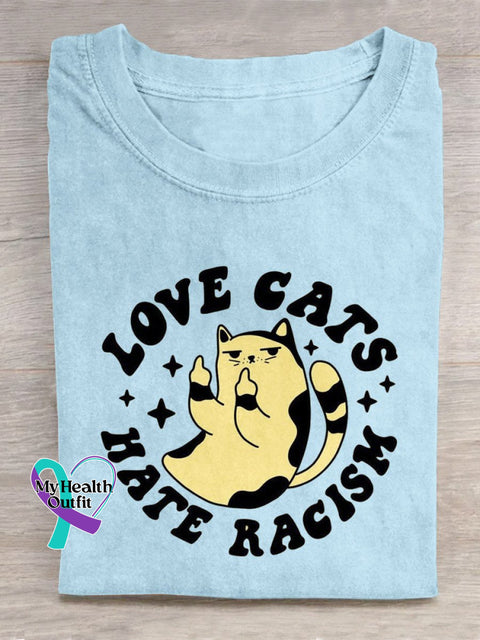 Love Cats Hate Racism Art Print Casual T-Shirt Blue / S