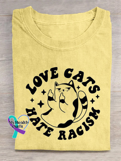 Love Cats Hate Racism Art Print Casual T-Shirt Yellow / S