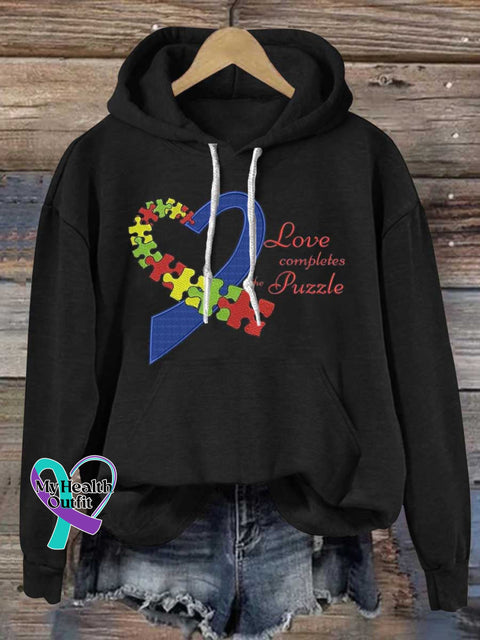 Love Completes The Puzzle Autism Awareness Casual Hoodie Sweatshirt Black / S