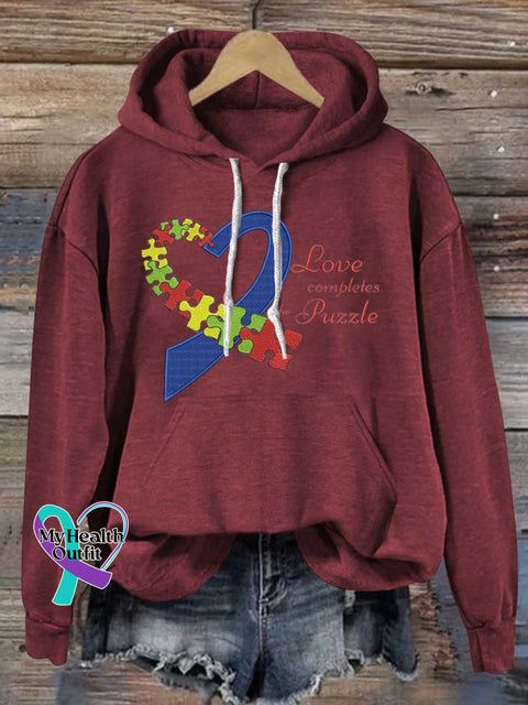 Love Completes The Puzzle Autism Awareness Casual Hoodie Sweatshirt Red / S