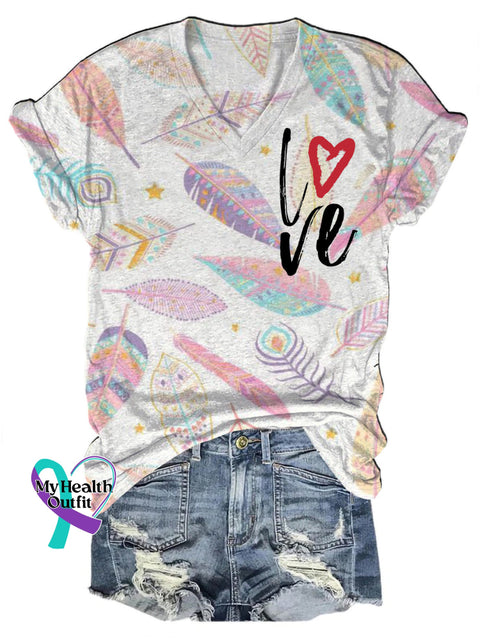 Love Feather Print Casual V-Neck Short Sleeve T-Shirt Multicolor / S