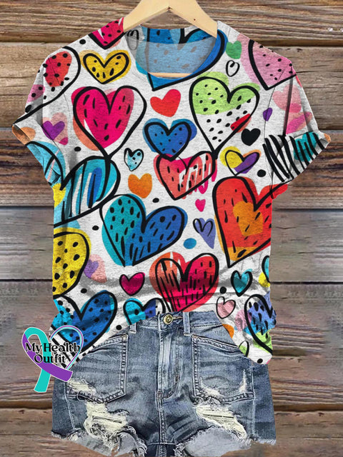 Love Graffiti Print V-Neck Casual Short Sleeve T-Shirt Multicolor / S