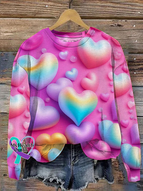 Love Hearts Art Print Pattern Casual Sweatshirt Pink / S