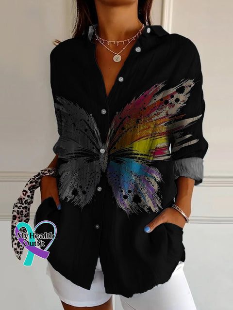 Love Is Love Rainbow Butterfly Print Casual Cotton Shirt Multicolor / S