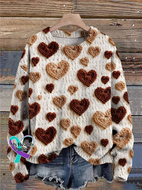 Love Knitted Wool Simulation Print Knit Pullover Sweater Beige / S