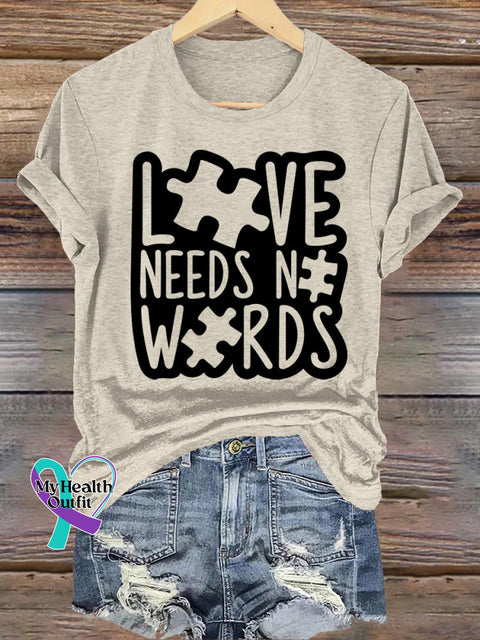 Love Needs Words Autism Printed Casual Crew Neck Short Sleeve T-Shirt Beige / S