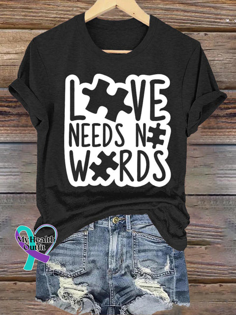 Love Needs Words Autism Printed Casual Crew Neck Short Sleeve T-Shirt Black / S