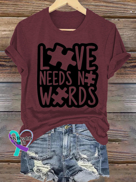 Love Needs Words Autism Printed Casual Crew Neck Short Sleeve T-Shirt Brown / S