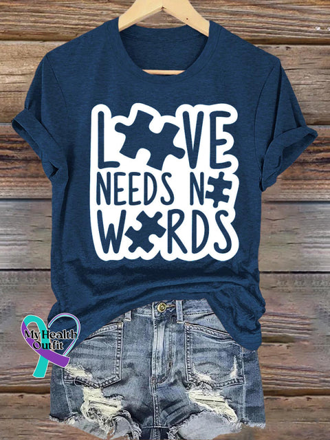 Love Needs Words Autism Printed Casual Crew Neck Short Sleeve T-Shirt NavyBlue / S