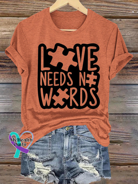 Love Needs Words Autism Printed Casual Crew Neck Short Sleeve T-Shirt Orange / S