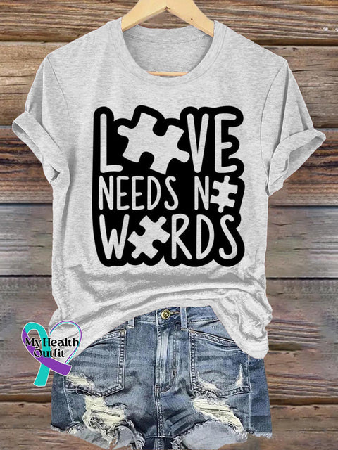 Love Needs Words Autism Printed Casual Crew Neck Short Sleeve T-Shirt White / S