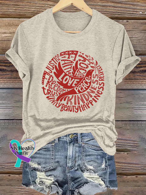 Love Peace Kindness Peace Dove Printed Casual Round Neck Short Sleeve T-Shirt Beige / S