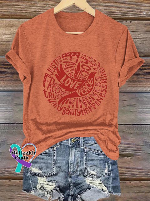 Love Peace Kindness Peace Dove Printed Casual Round Neck Short Sleeve T-Shirt Orange / S