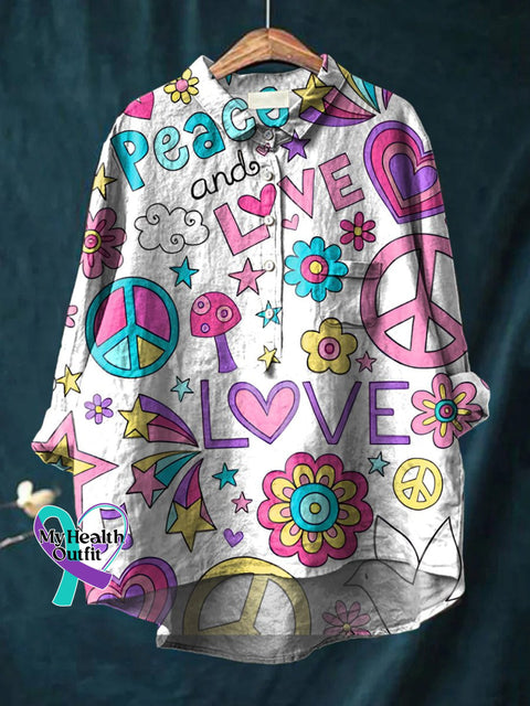 Love & Peace Print Casual Cotton And Linen Shirt Multicolor / S