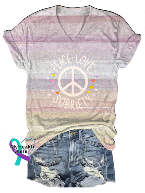 Love Peace Sobriety Printed Casual V-Neck Short Sleeve T-Shirt Multicolor / S