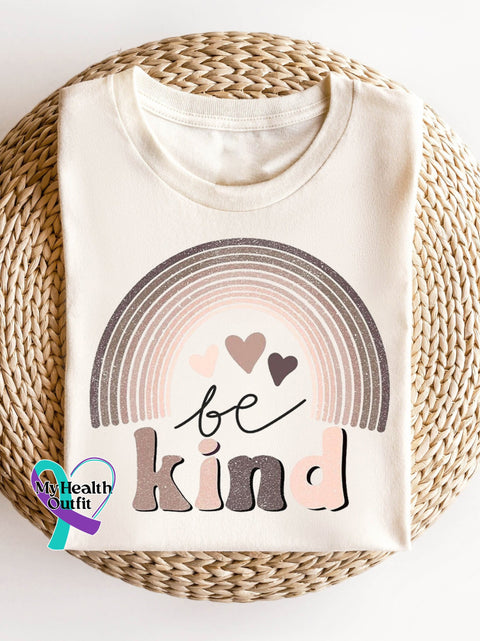 Love Pink Rainbow Be Kind Suicide Prevention Mental Print T-Shirt Cream / S Short Sleeve