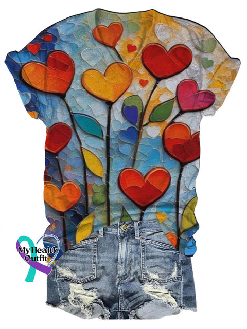 Love Print Casual V-Neck Short Sleeve T-Shirt Multicolor / S