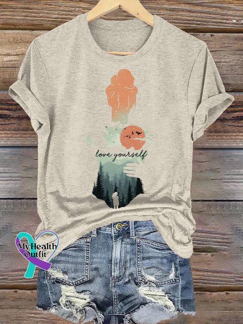Love Yourself Back Print Casual Round Neck Short Sleeve T-Shirt Beige / S