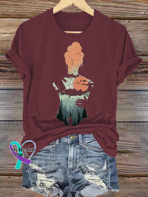 Love Yourself Back Print Casual Round Neck Short Sleeve T-Shirt Brown / S