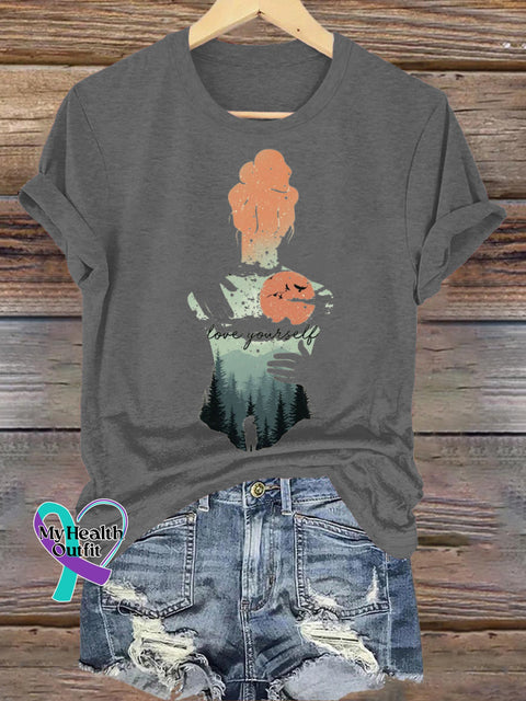 Love Yourself Back Print Casual Round Neck Short Sleeve T-Shirt Grey / S