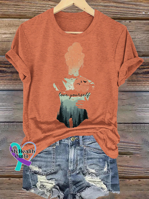 Love Yourself Back Print Casual Round Neck Short Sleeve T-Shirt Orange / S