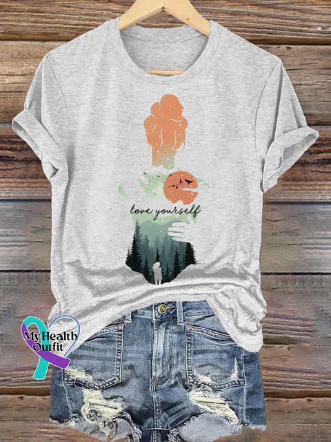 Love Yourself Back Print Casual Round Neck Short Sleeve T-Shirt White / S