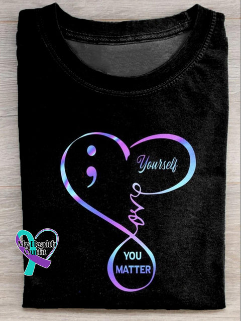 Love Yourself Suicide Prevention Awareness Printed Casual Crew Neck Short Sleeve T-Shirt Black / S