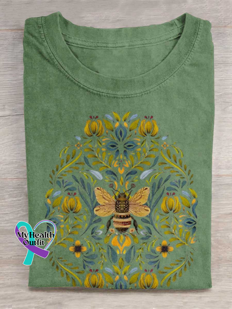 Lovely Bee Art Print Casual Cotton T-shirt Green / S