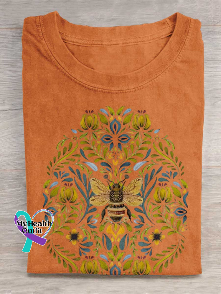 Lovely Bee Art Print Casual Cotton T-shirt Orange / S