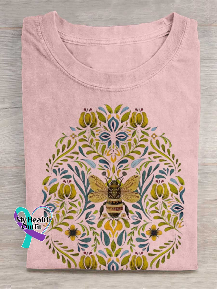 Lovely Bee Art Print Casual Cotton T-shirt Pink / S