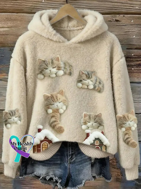Lovely Cat Cozy Plush Hoodie Sweatshirt Multicolor / S