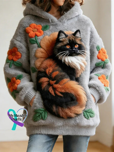 Lovely Cat Floral Pattern Cozy Plush Hoodie Sweatshirt Multicolor / S