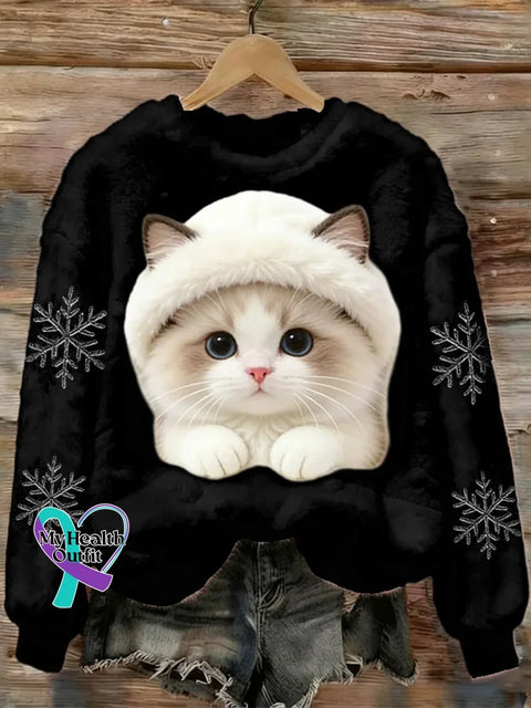 Lovely Cat Fuzzy Cozy Plush Sweatshirt Black / S