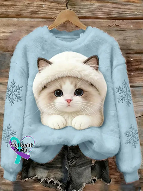 Lovely Cat Fuzzy Cozy Plush Sweatshirt Blue / S