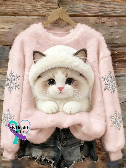 Lovely Cat Fuzzy Cozy Plush Sweatshirt Pink / S