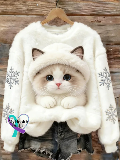Lovely Cat Fuzzy Cozy Plush Sweatshirt White / S