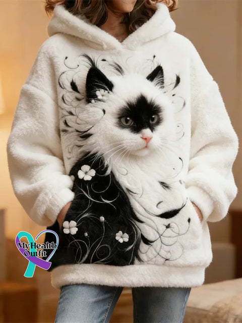 Lovely Cat Pattern Cozy Plush Hoodie Sweatshirt Multicolor / S