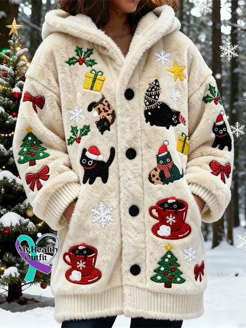 Lovely Cats Christmas Cozy Knit Hooded Cardigan Multicolor / S