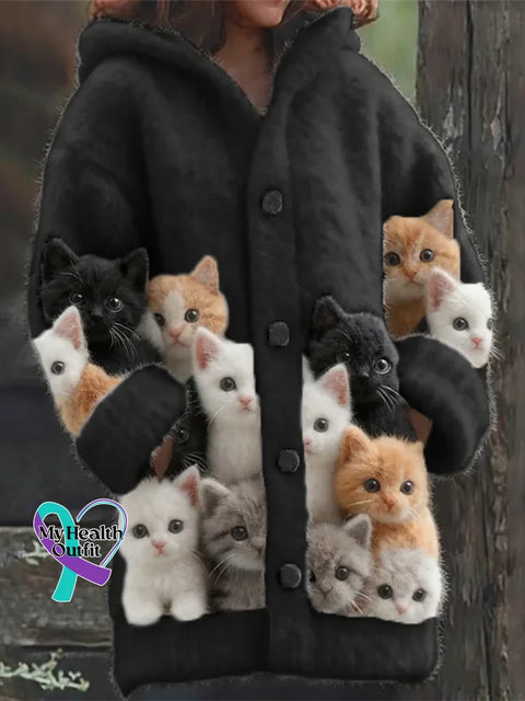 Lovely Cats Cozy Knit Hooded Cardigan Black / S