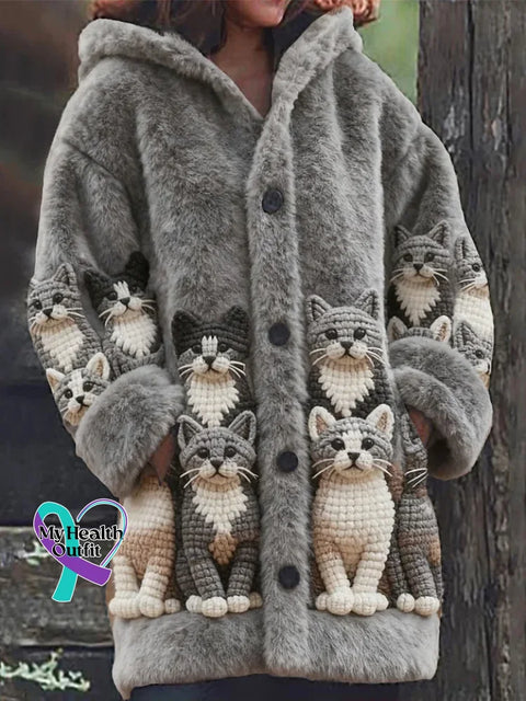 Lovely Cats Cozy Knit Hooded Cardigan Grey / S