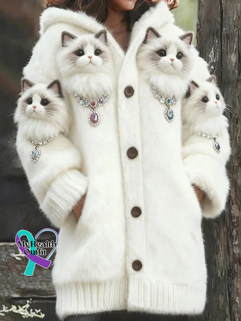 Lovely Cats Cozy Knit Hooded Cardigan Multicolor / S