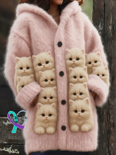 Lovely Cats Cozy Knit Hooded Cardigan Multicolor / S
