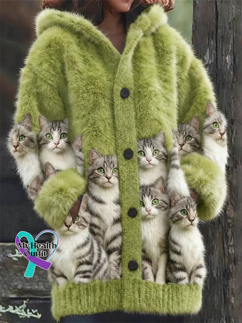 Lovely Cats Cozy Knit Hooded Cardigan Multicolor / S