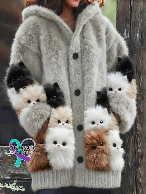 Lovely Cats Cozy Knit Hooded Cardigan Multicolor / S