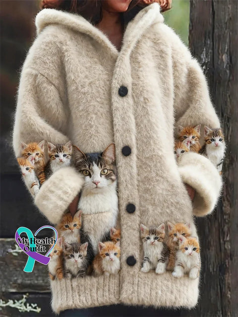 Lovely Cats Cozy Knit Hooded Cardigan Multicolor / S