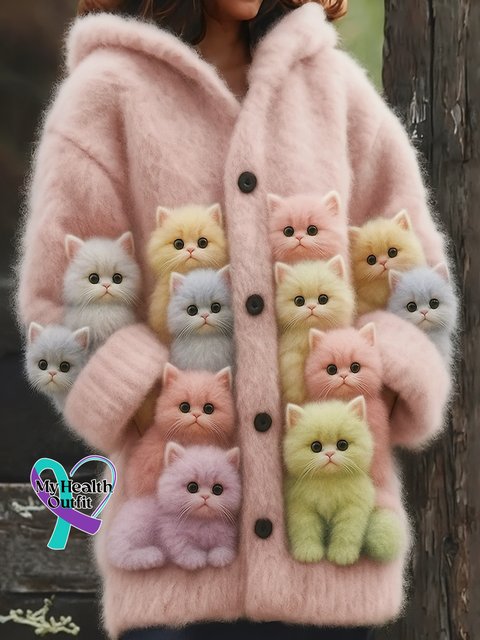 Lovely Cats Cozy Knit Hooded Cardigan Multicolor / S