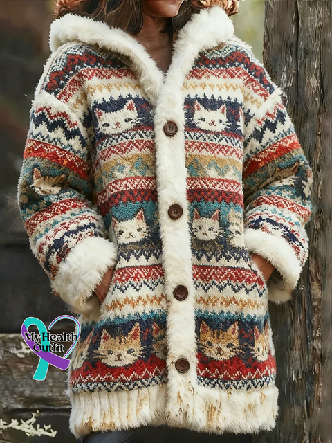 Lovely Cats Cozy Knit Hooded Cardigan Multicolor / S